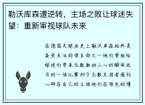 勒沃库森遭逆转，主场之败让球迷失望：重新审视球队未来