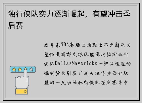 独行侠队实力逐渐崛起，有望冲击季后赛
